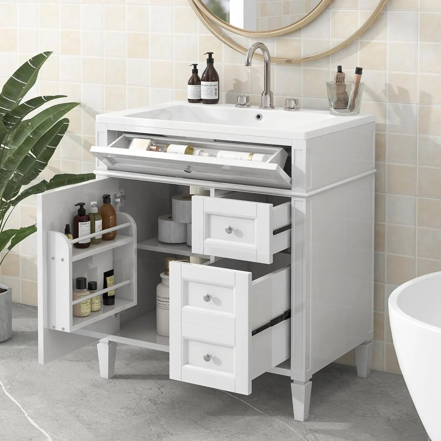30" Bathroom Vanity Sink Modern Single Door 2 Drawers Tip-Out Drawer