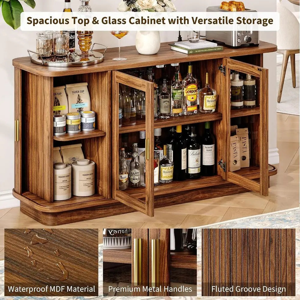 Walnut 63 Sideboard Buffet Cabinet with Sliding Doors, Adjustable Shelves for Kitchen, Dining, or Hallway