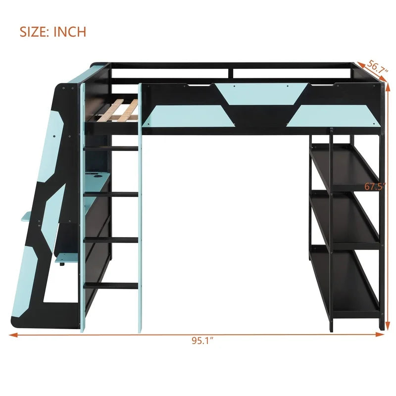 Gaming Loft Bed with Desk, Shelves, and LED Lights,