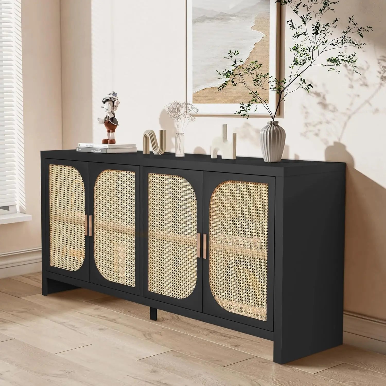 Sideboard Buffet Cabinet With Storage, Wooden Cabinet With 4 Doors Adjustable Shelves, For Kitchen, Dining, Customized
