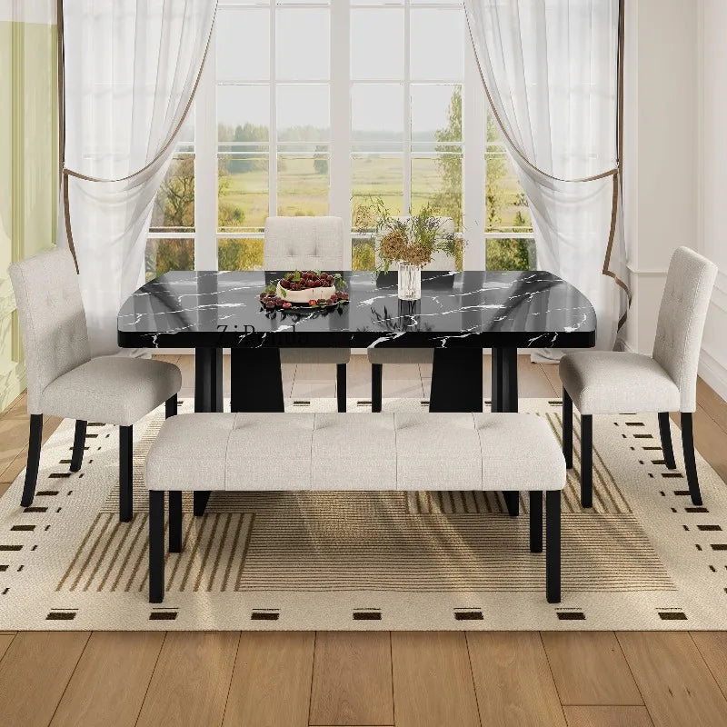 6 Piece Modern Dining Table Set, 63" Faux Marble Dining Table