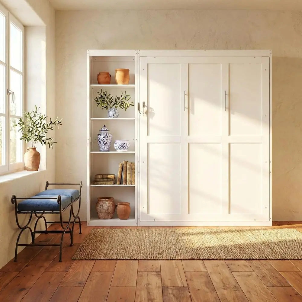 White Queen-Size Wall-Mounted Murphy Bed
