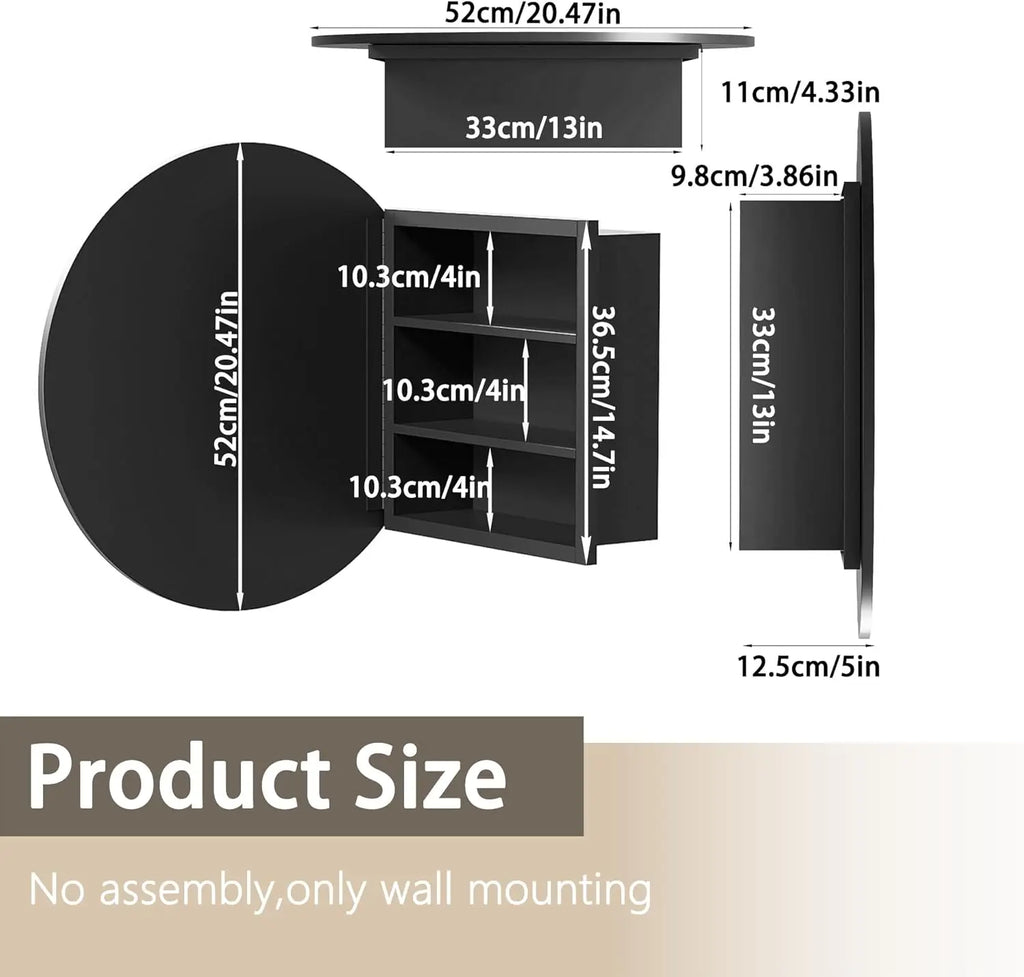 Black 52*12.5cm Round Bathroom Mirror Cabinet