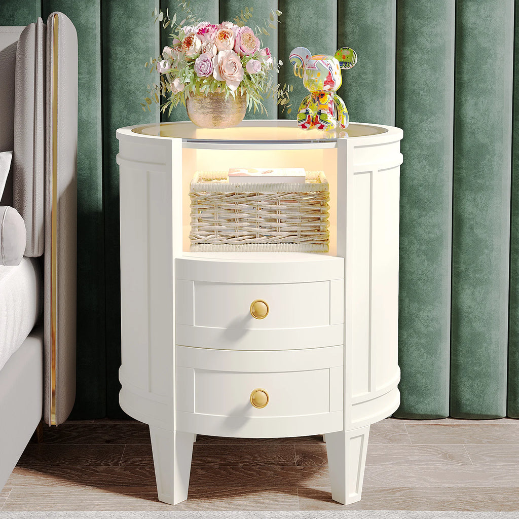2-Drawer Nightstand with Glass Tabletop