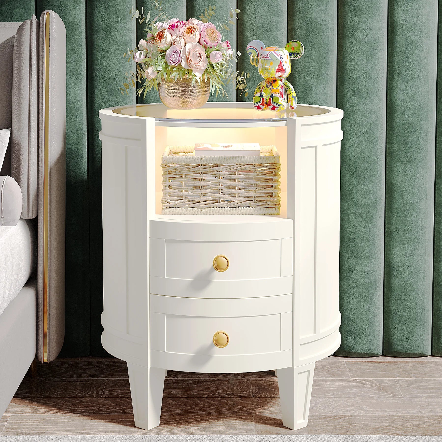 2-Drawer Nightstand with Glass Tabletop