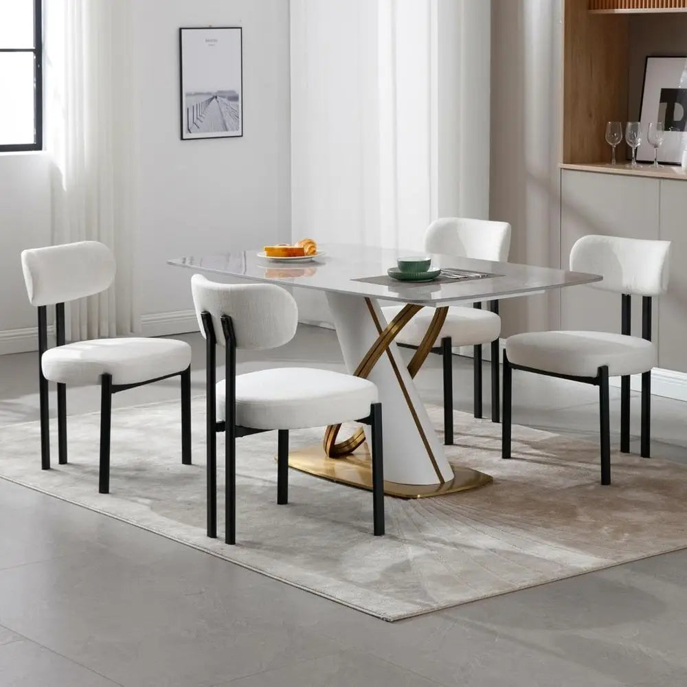 Linen Fabric Dining Chairs Set of 2 with Black Metal Legs