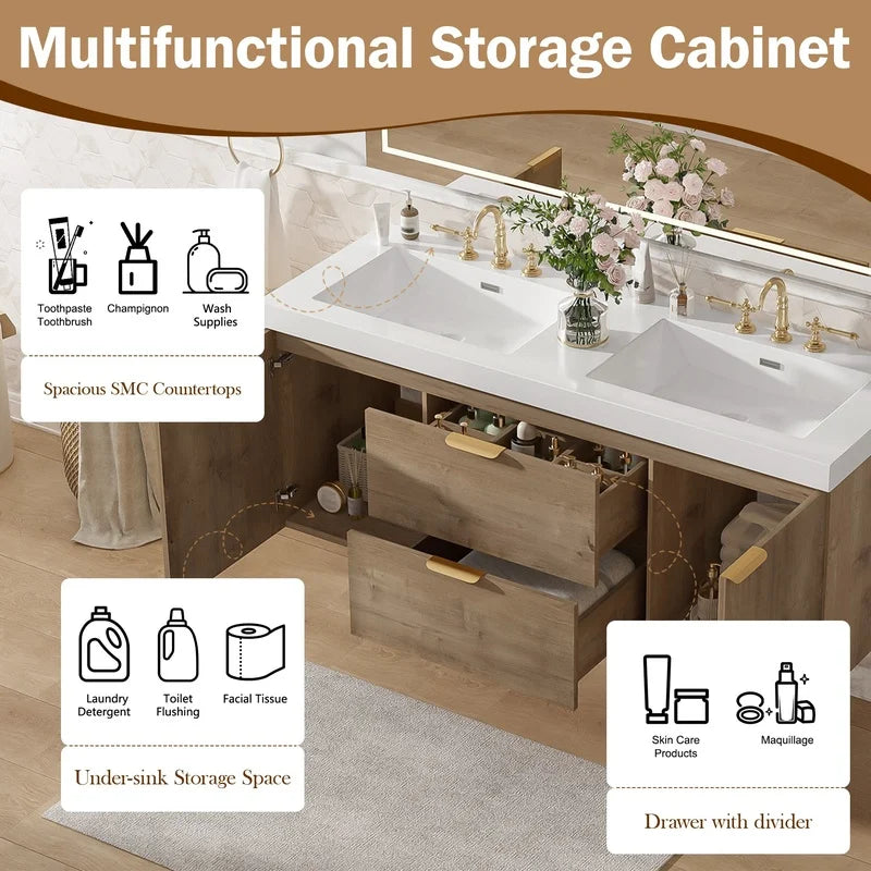 59.3" Double Sink Bathroom Vanity with SMC Top, MDF Cabinet, Soft-Close DoorsBathrooms
