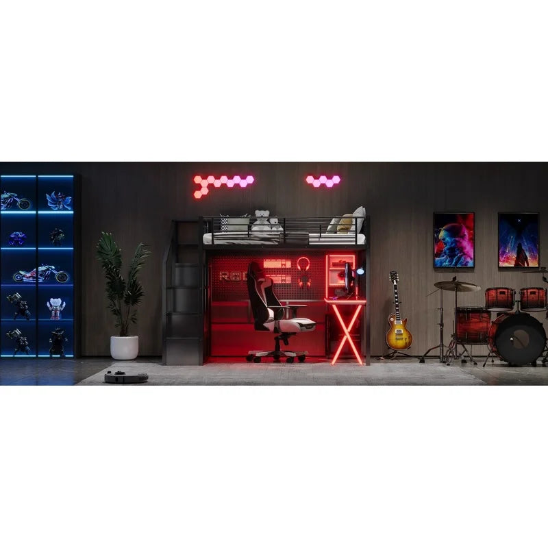 Black Metal Loft Bed with Desk, Wardrobe, Staircase Storage & LED Lighting