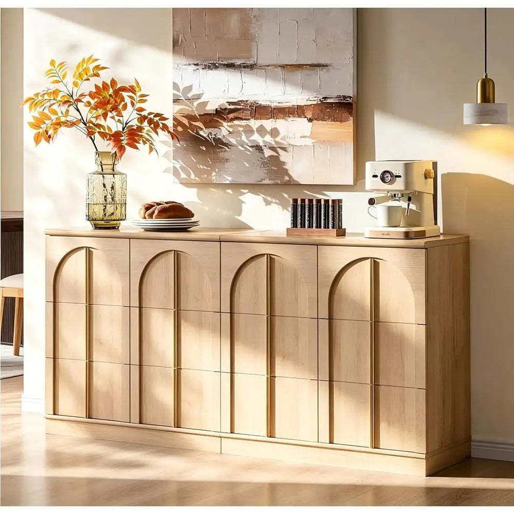 63 Natural Oak Sideboard Buffet Cabinet with Storage and Arched Doors for Living Room, Kitchen, or Entryway