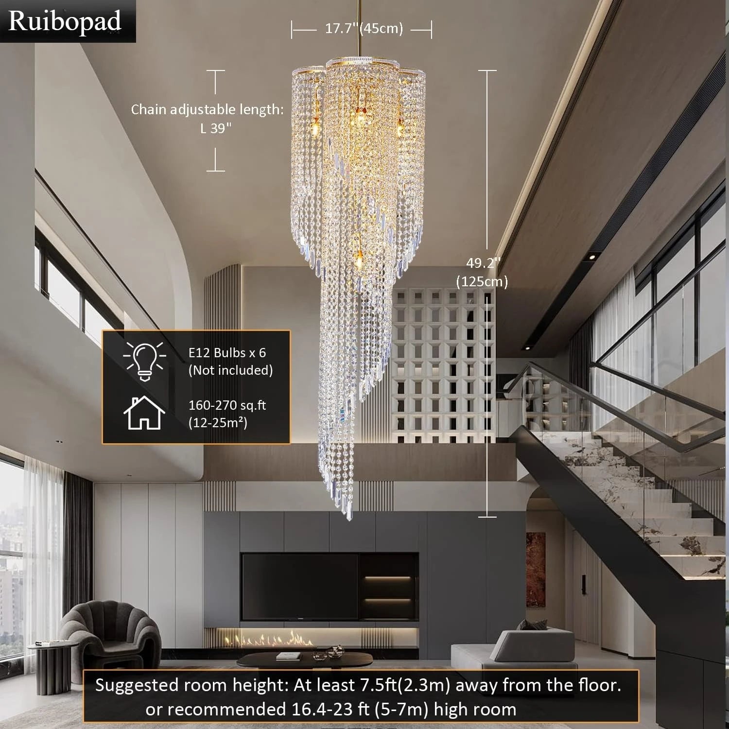 Large Spiral Crystal Beaded Chandelier for High Ceiling