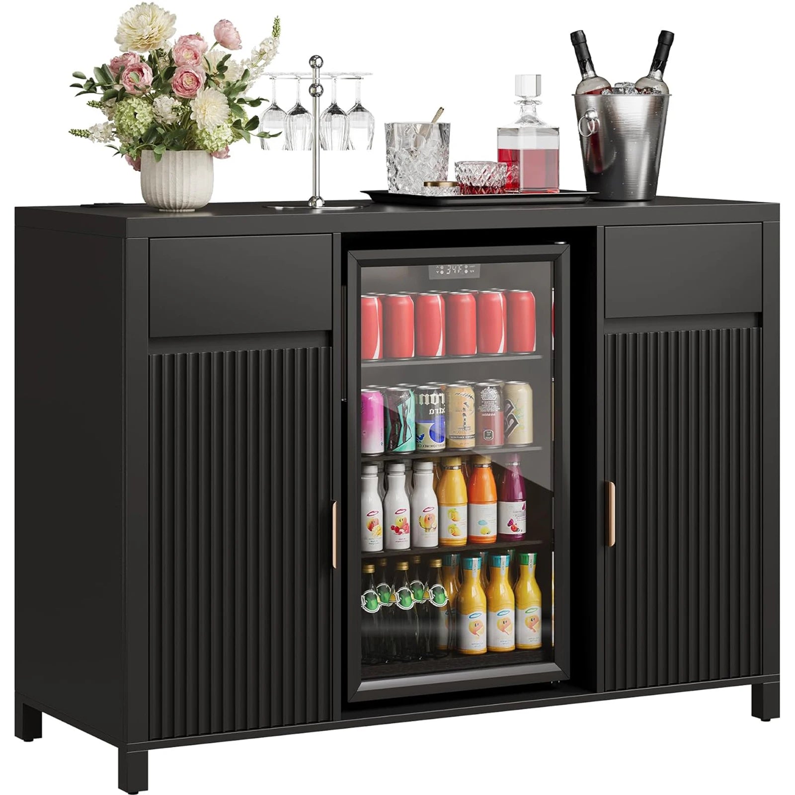 Fluted Coffee Bar Cabinet With Mini Fridge Space