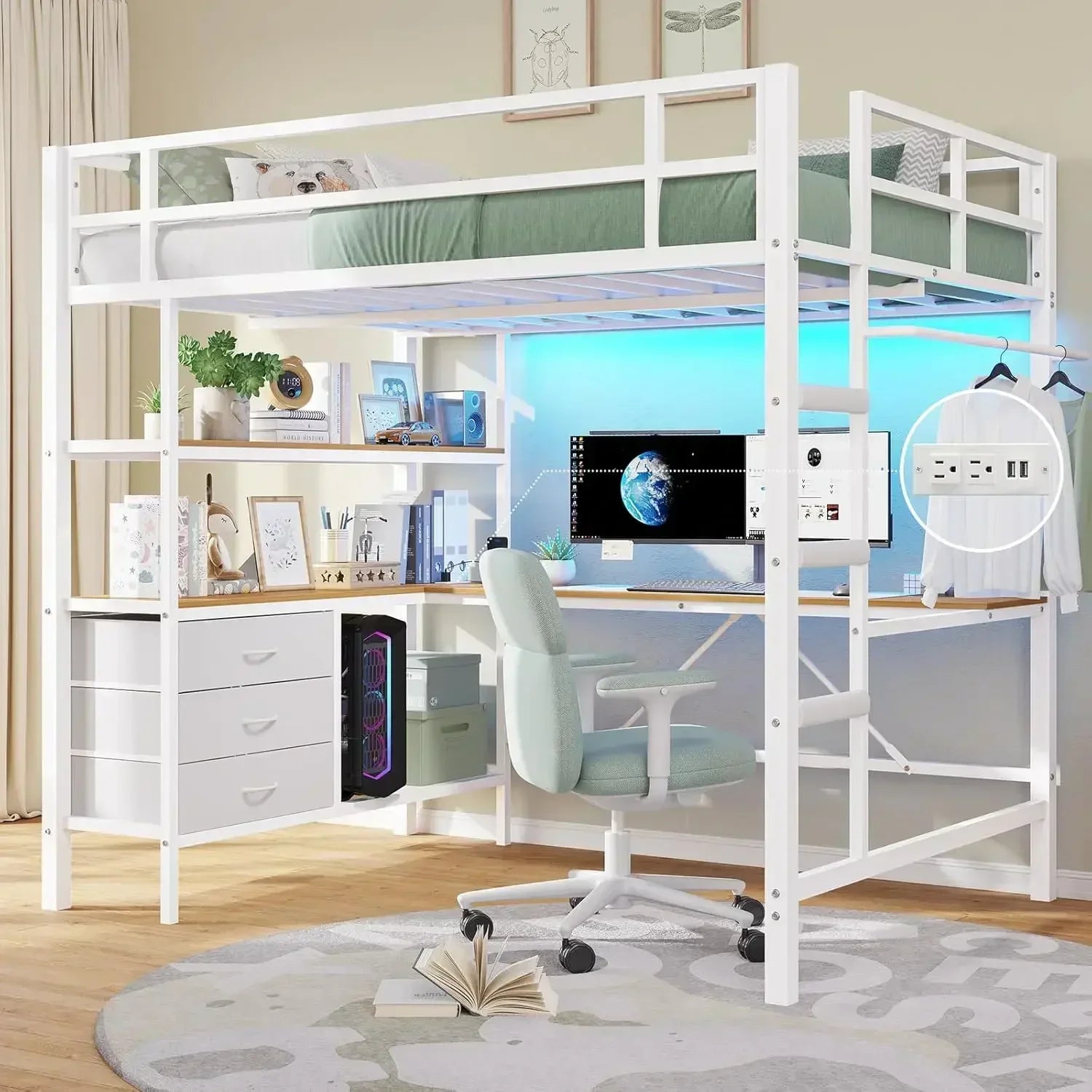 LED Lights and Charging Station Full Metal Loft Bed