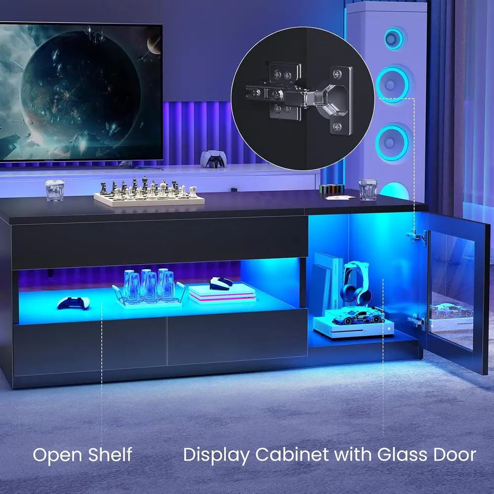 39.4 Large Tempered Glass Top Coffee Table with 2 Drawers, LED-Illuminated, Black