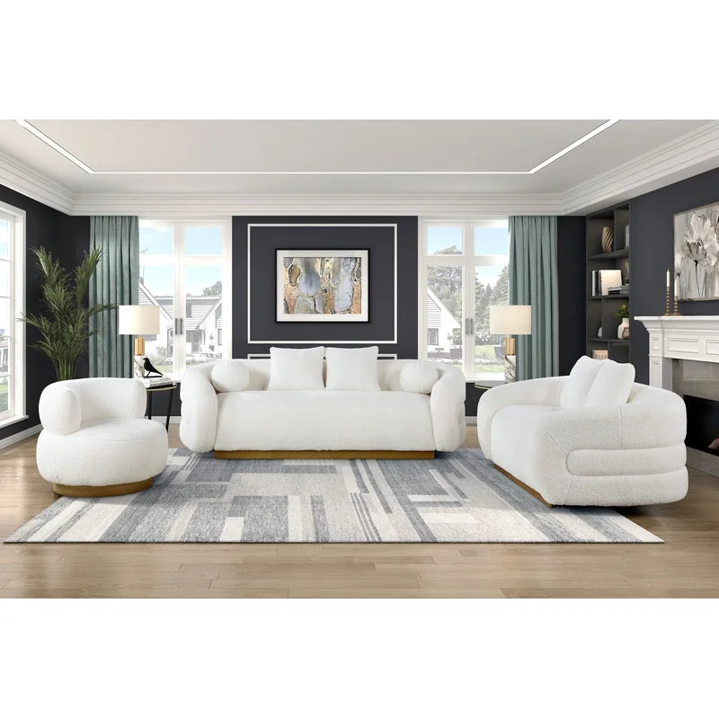 White and Gold Upholstered 3-Piece Living Room Sofa Set