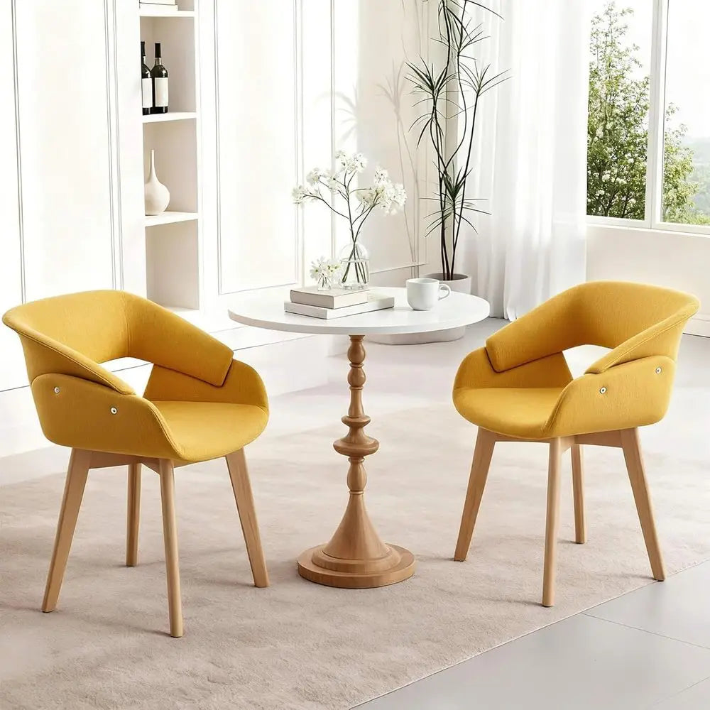 Pair of Yellow Upholstered Dining Chairs with Fabric Cushion