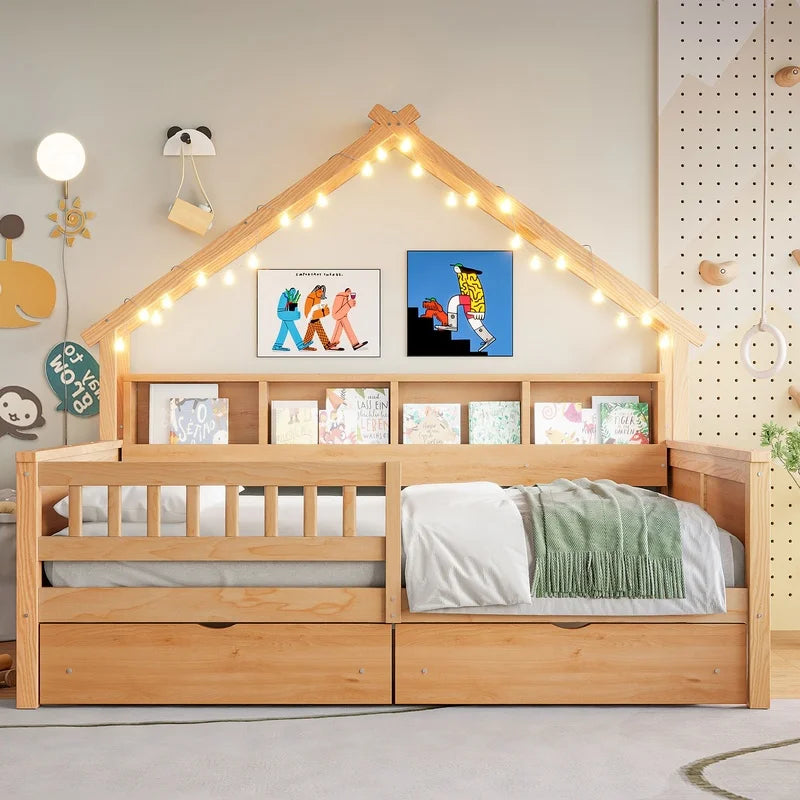 Natural Wood Full Size Platform Bed with LED,