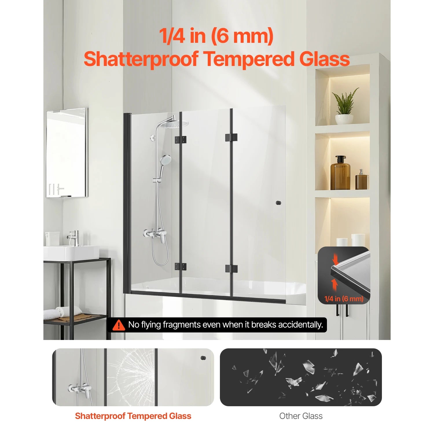 SucceBuy Bathtub Shower Door 51x 56 in Frameless Tri-Fold with 1/4 in Tempered Glass Door 180°Rotating and Folding for Bathtub