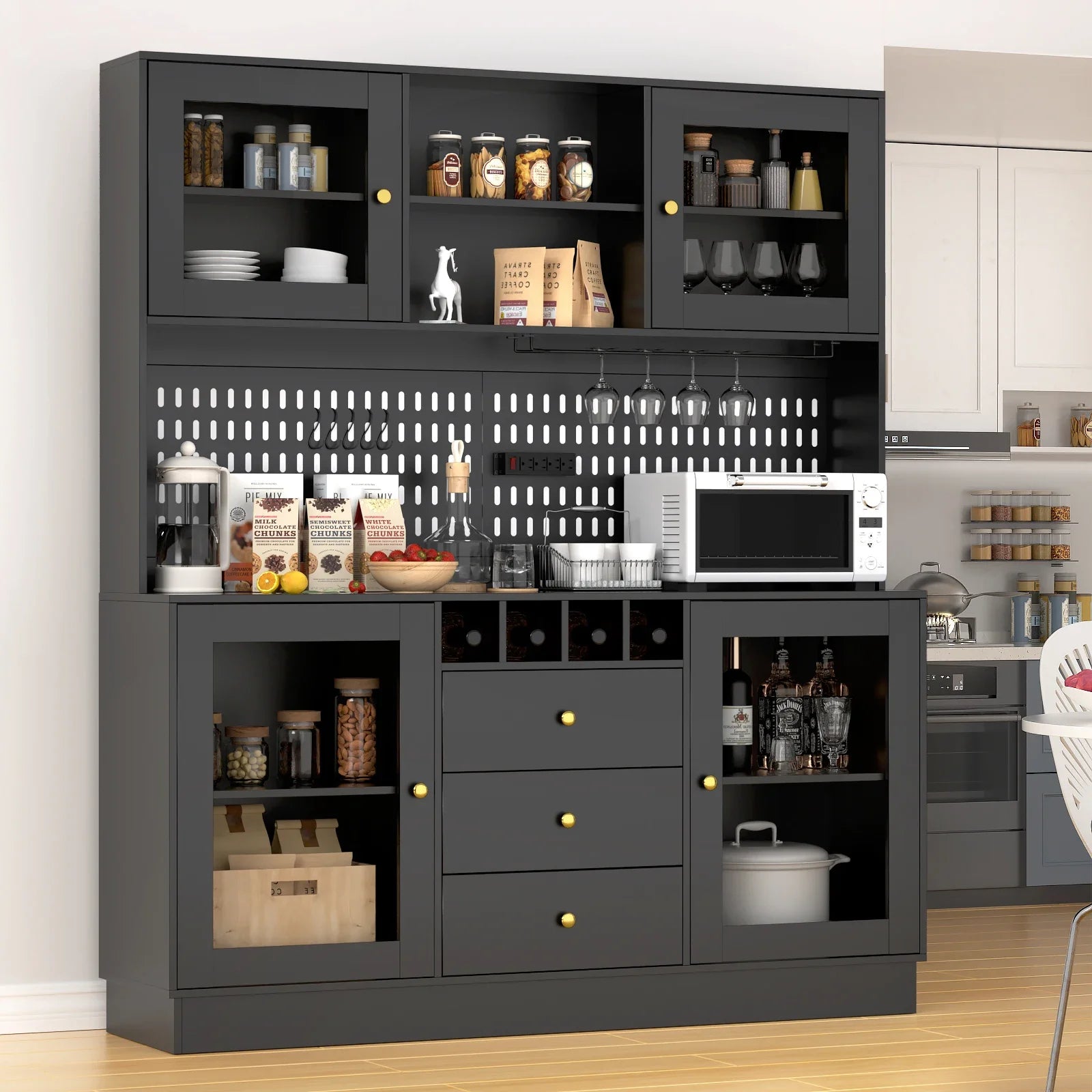 Kitchen Storage Cabinet, Buffet Hutch with Pegboard, Cup Holder