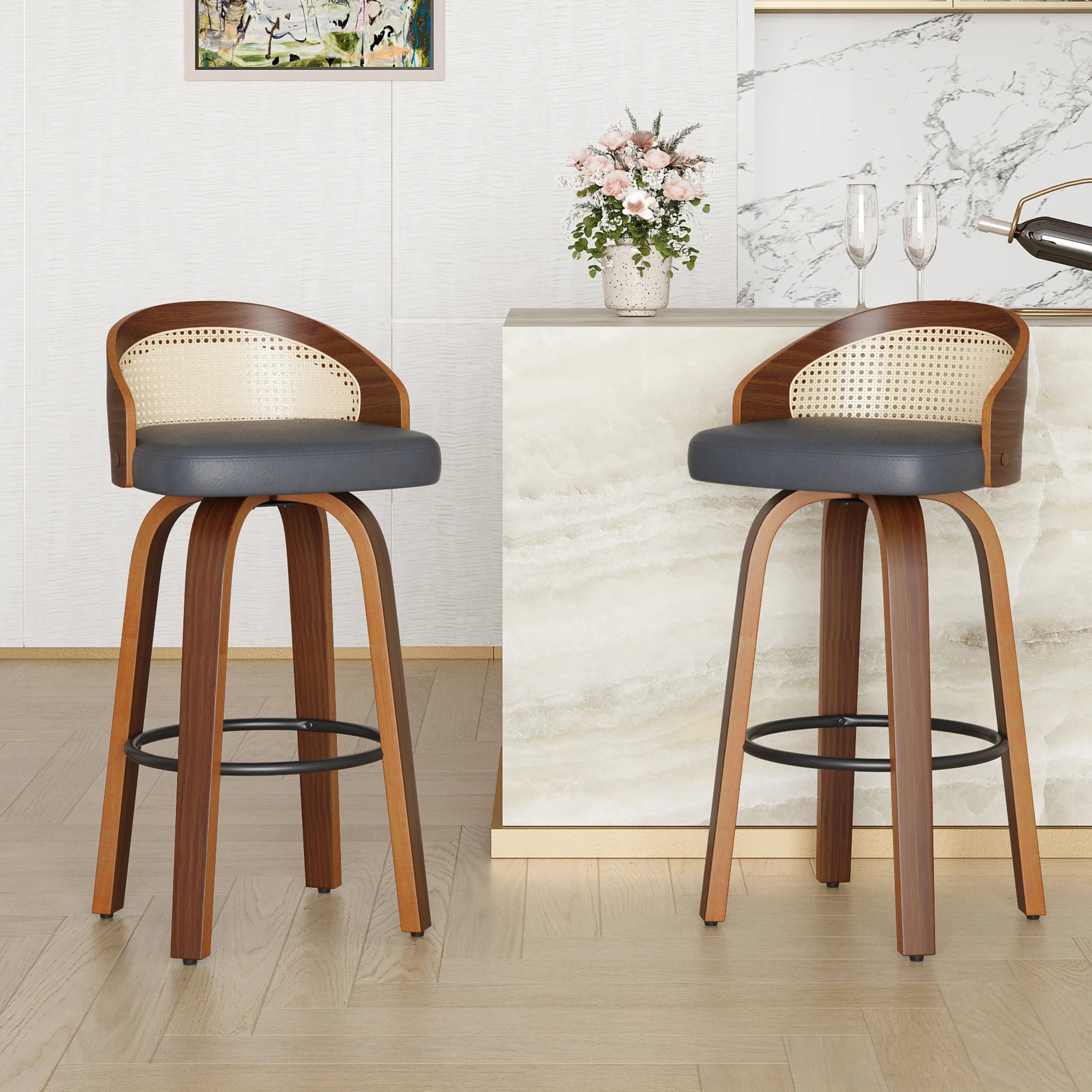 Set of 2 Swivel Bar Kitchen Stools, Modern Wood Frame with Rattan Back,