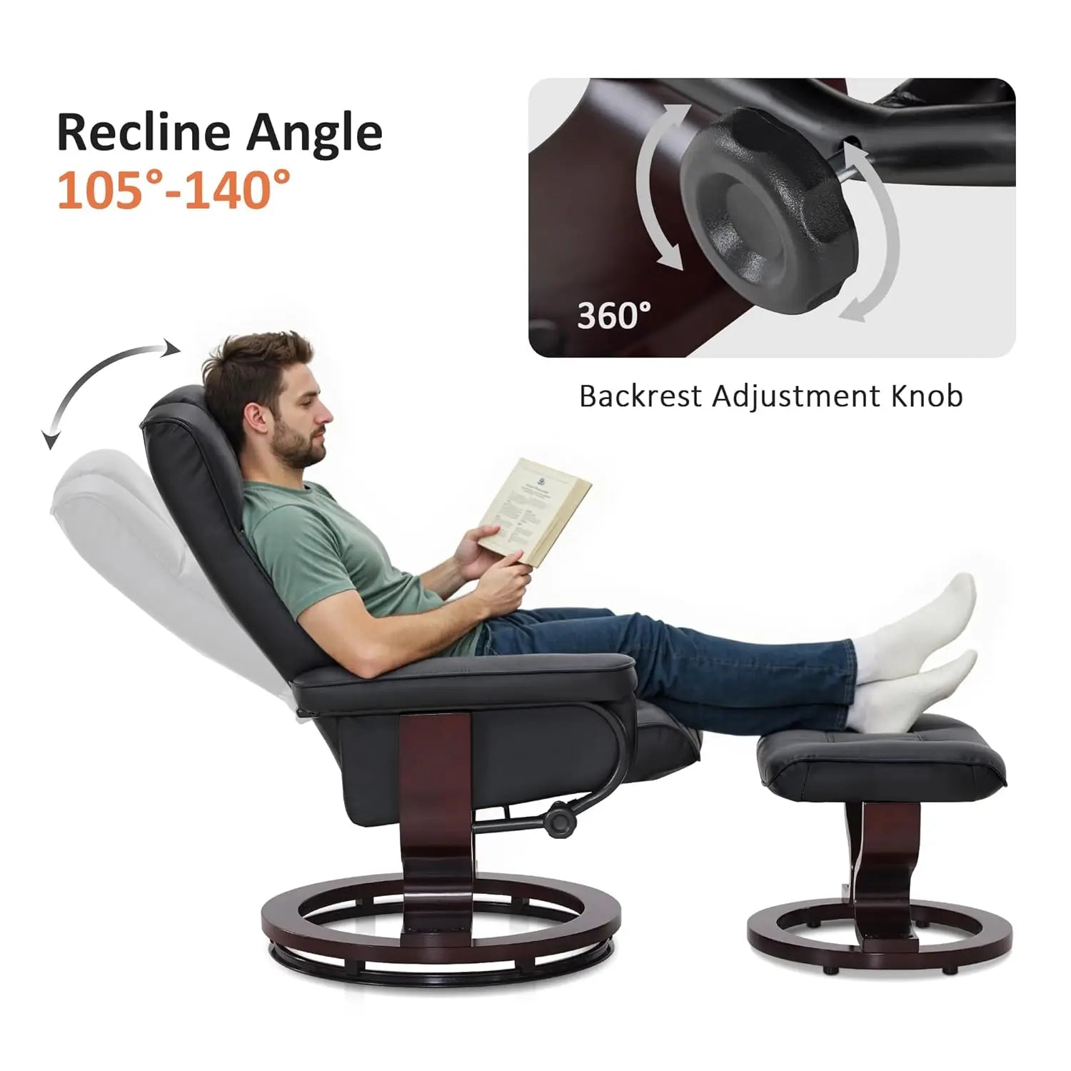 Faux Leather Chair Set, Manual Swivel Recliner with Ottoman