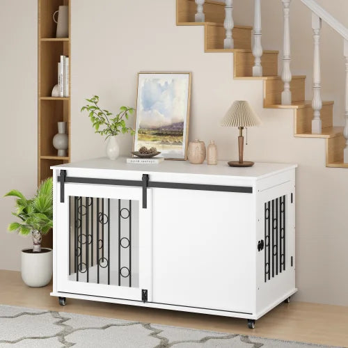 39.37'' White Indoor Dog Crate End Table - Wooden Kennel with Sliding Barn Door, Side Door & Lockable Wheels for Small/Medium Do
