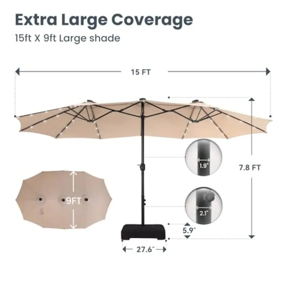 Large Patio Umbrella with Base and Solar Lights