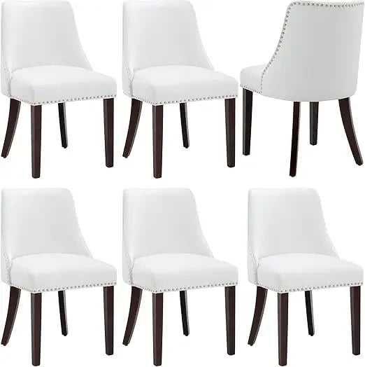 Linen Dining Chairs Set of 6 Upholstered Accent Chair with Nailhead Trim & Solid Wood Legs, Mid Century Modern Side Chair for Ki