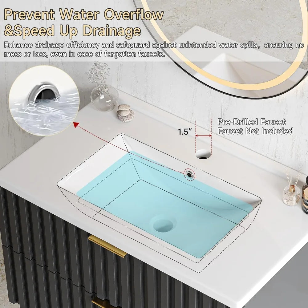 30 Inch Bathroom Vanity with Sink Combo, Floating Bathroom Vanity with 2 Fluted Drawers