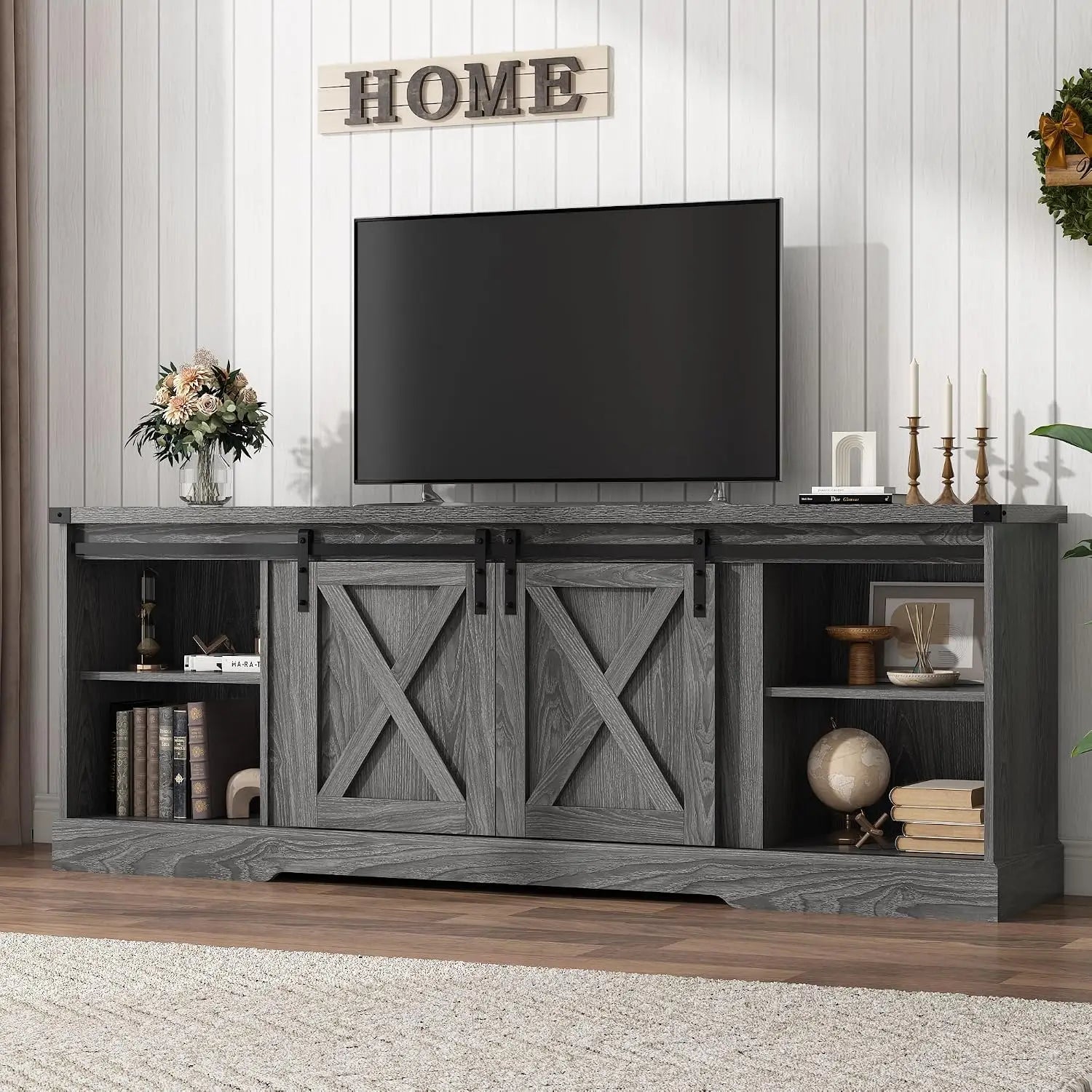 Farmhouse TV Stand 70/75/80 Inch, Entertainment Center With Sliding Barn Doors, Storage Console Living Room, Black, Customized