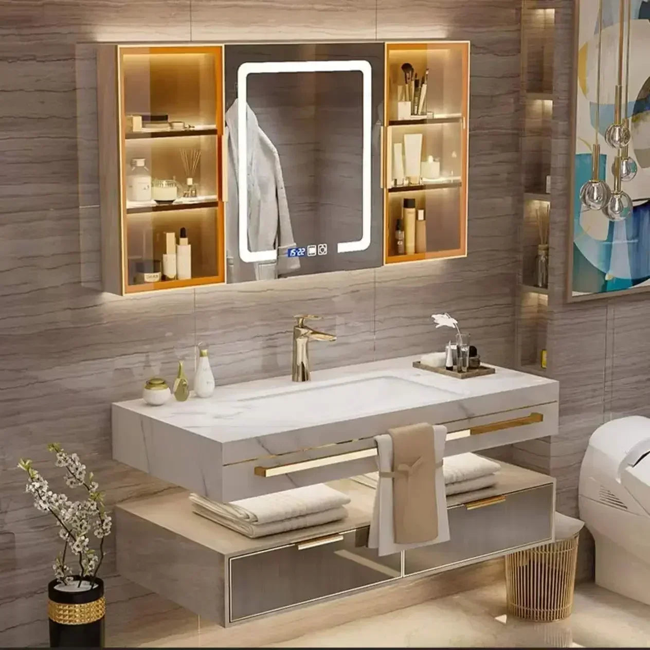 Bathroom Cabinet  Slate Smart Mirror  Double Washbasin