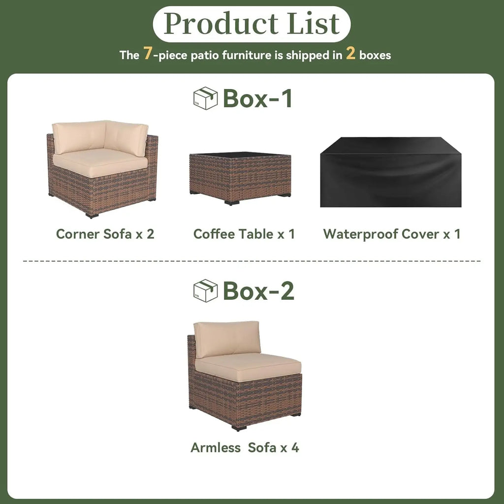 7 Piece Patio Set Wicker Rattan Sectional Sofa Set with Coffee Table