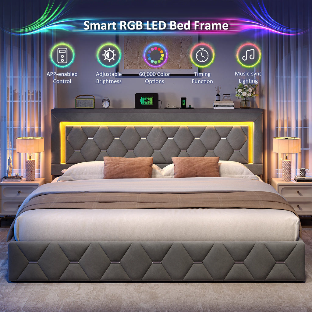 LED Bed Frame with 4 Storage Drawers Platform Bed
