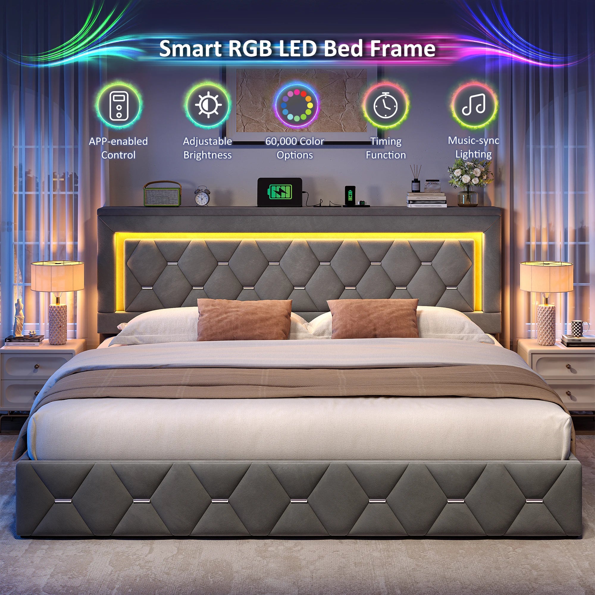 LED Bed Frame with 4 Storage Drawers Platform Bed