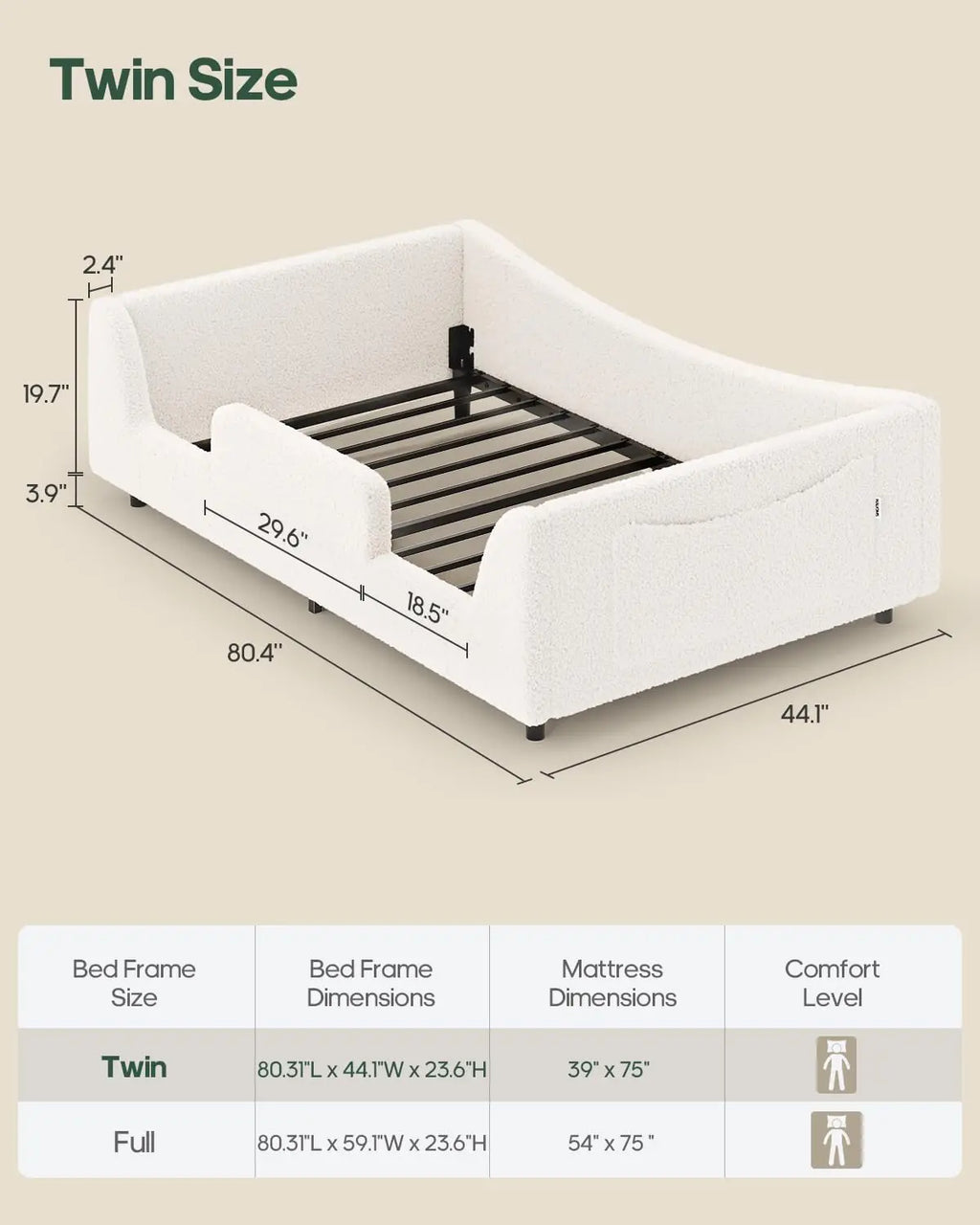 Twin Low Floor Bed Upholstered Curved Slats