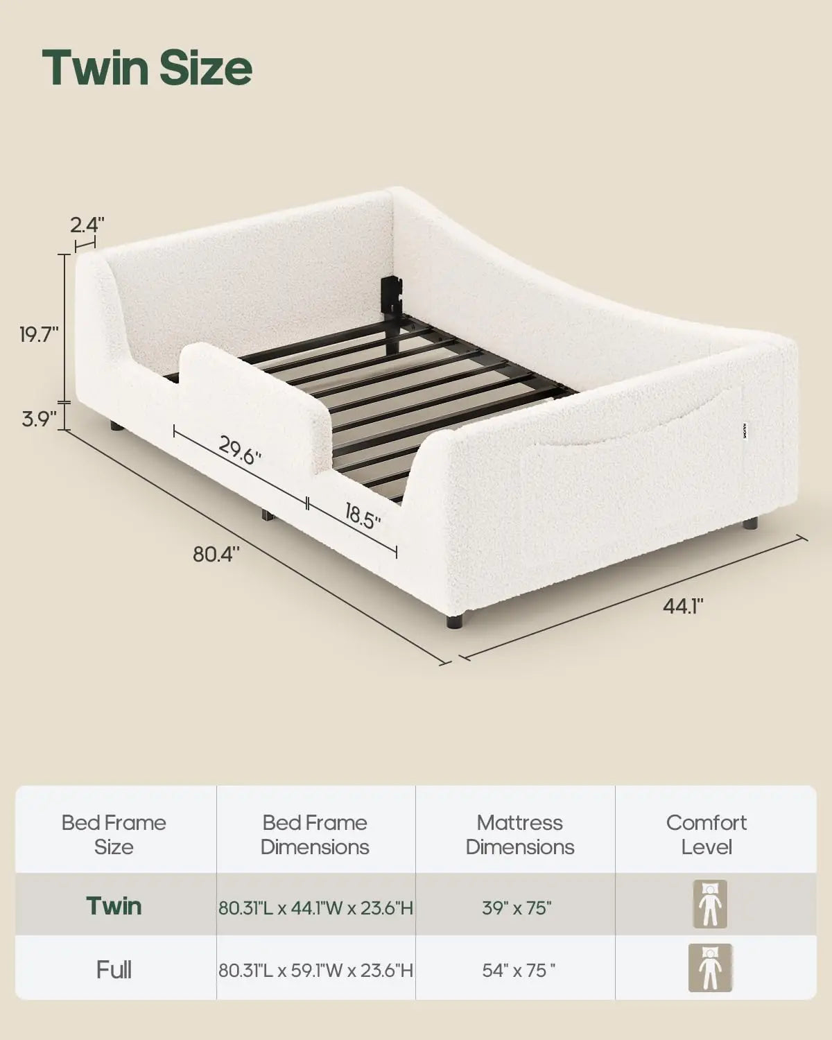 Twin Low Floor Bed Upholstered Curved Slats