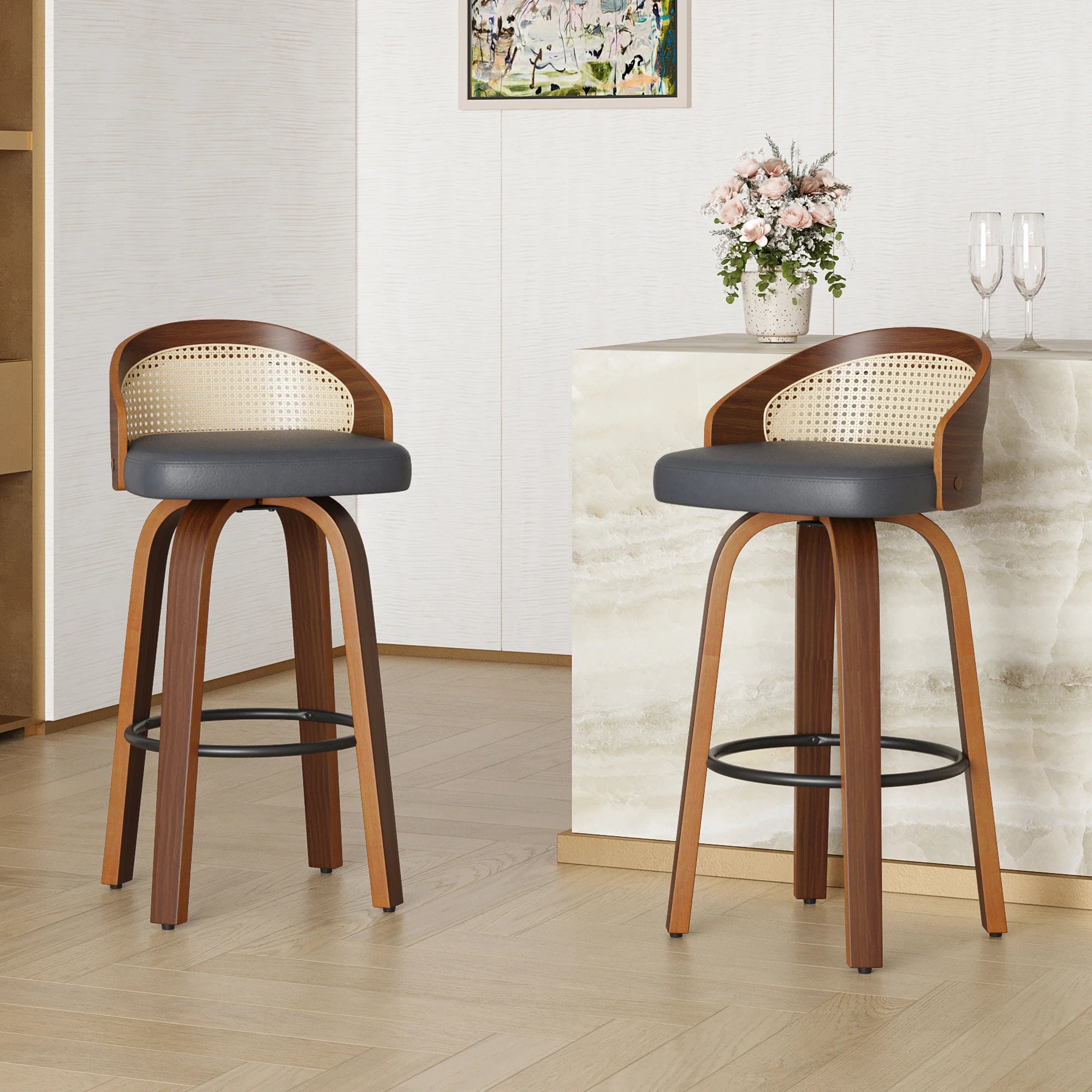 Set of 2 Swivel Bar Kitchen Stools, Modern Wood Frame with Rattan Back,