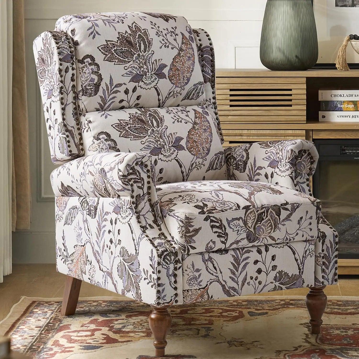 Floral Upholstered Pushback Recliner Wingback Accent Chair