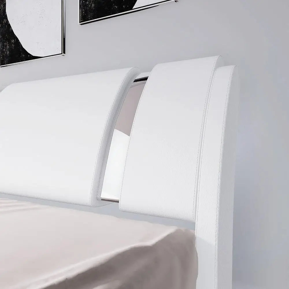Queen Size Platform Bed with Iron Piece Decor, Leather Upholstered Bed with Curved Adjustable Board, Wooden Slats Support, No Bo