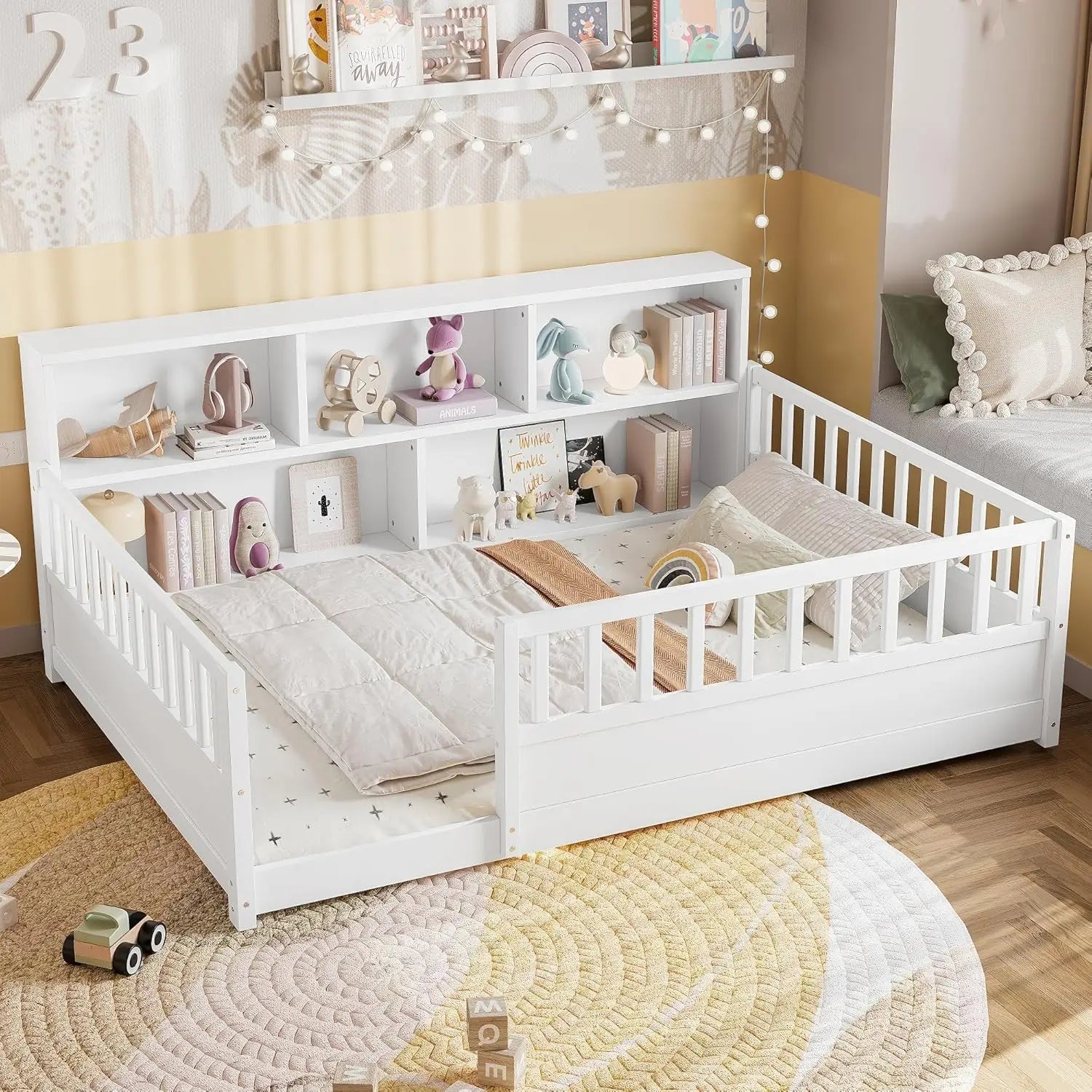 Full Size Montessori Floor Bed Frame with Rails & Door