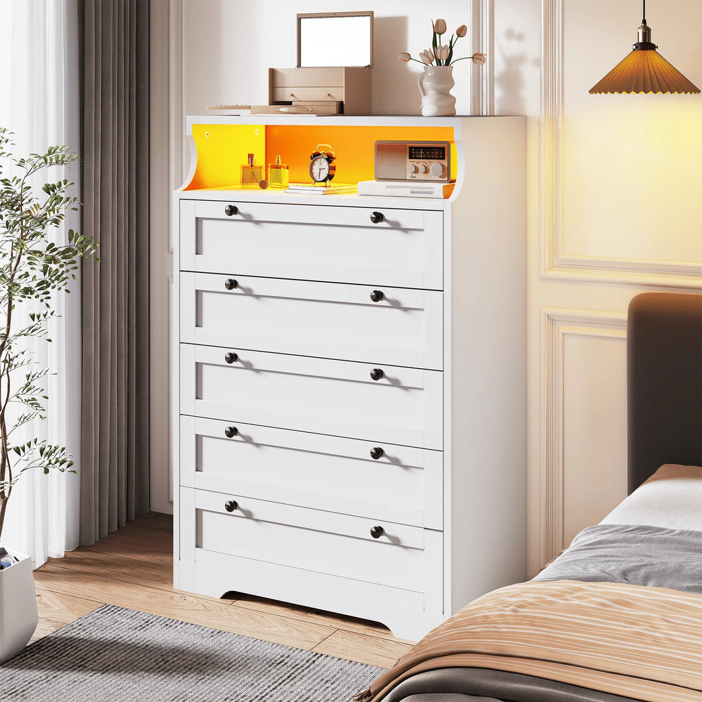 Tall 5 Drawer Dresser with LED Lights and 2 Shelves