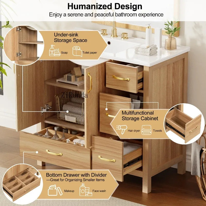 Wood Bathroom Vanity with Solid Wood Frame, 2 Soft Close Doors, 4Soft Close Drawers,