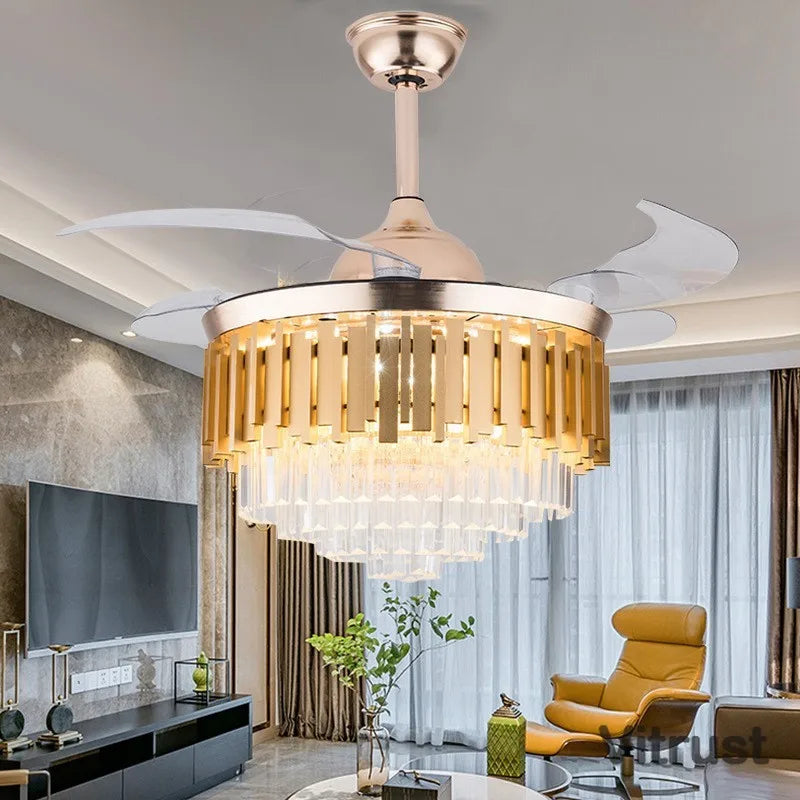 Crystal Dimmable 3 Color Retractable Ceiling Fan