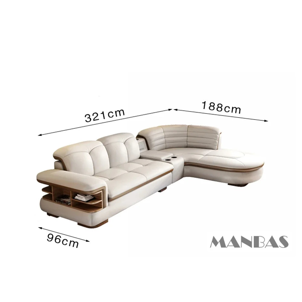 Luxury L-Shaped Genuine Leather Sectional Sofa Sets with USB, Bluetooth Speaker