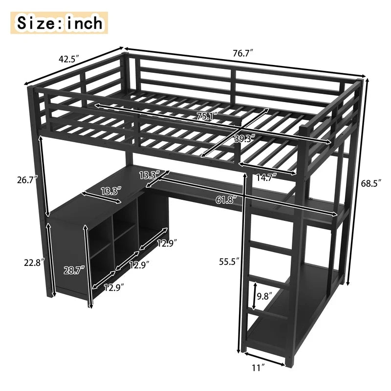 Black Metal Loft Bed with Wardrobe and L-Shaped Desk, Twin Size, Storage Shelves, for Kids Teens Adults
