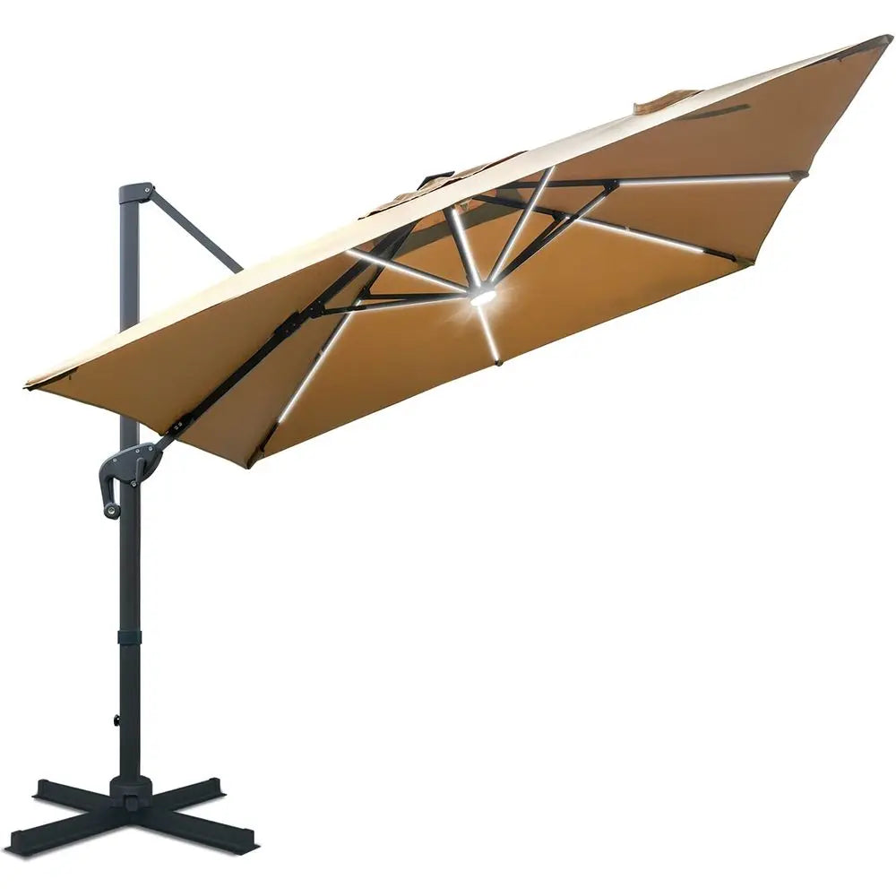 LEAF 12FT Patio Umbrella Square Cantilever Umbrella Teak Finished Aluminum Frame Large Windproof Offset Outdoor Sun Umbrellas f