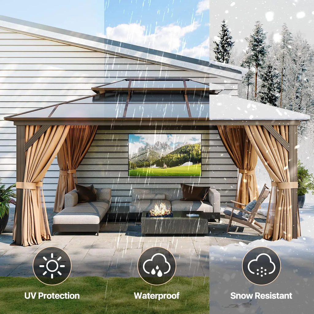 Hardtop Gazebo Double Roof Metal Frame Curtains & Netting