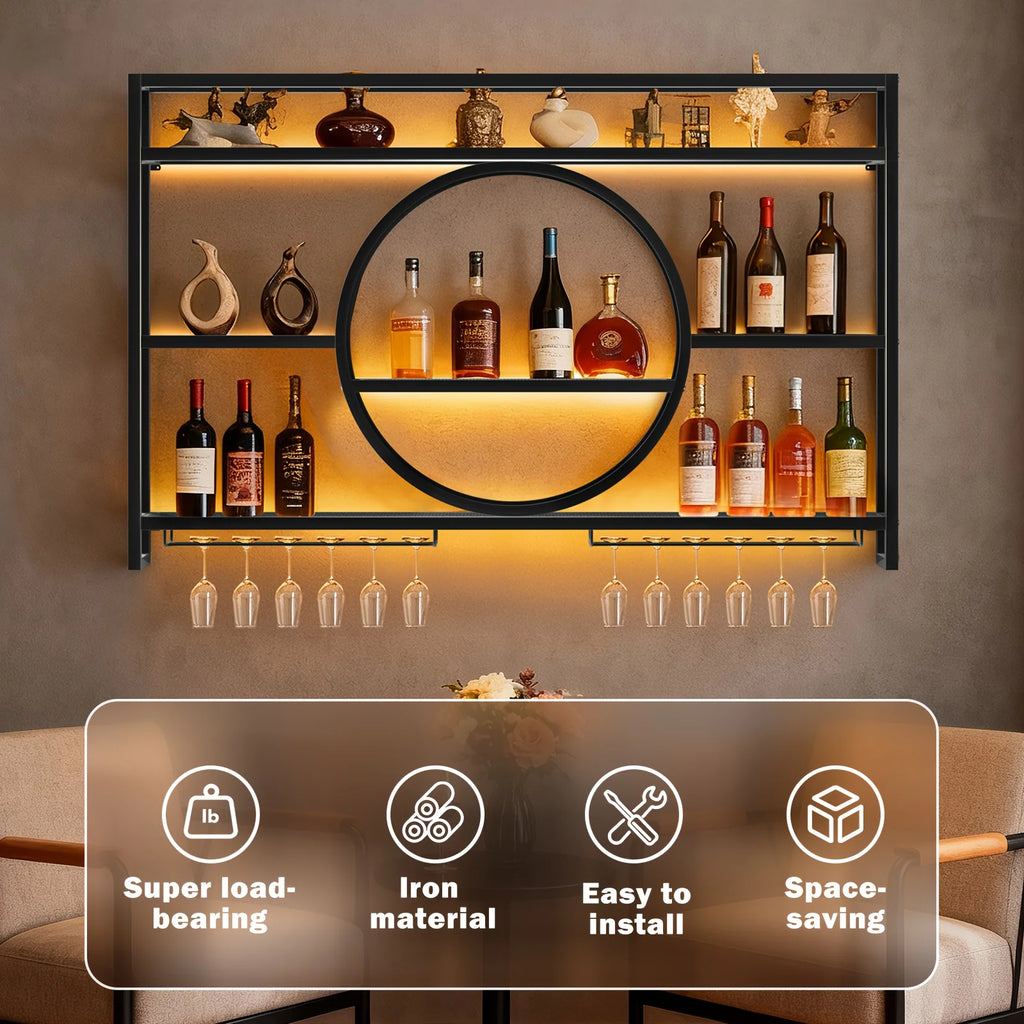 Wall-Mounted Metal Wine Rack & Bar Shelf