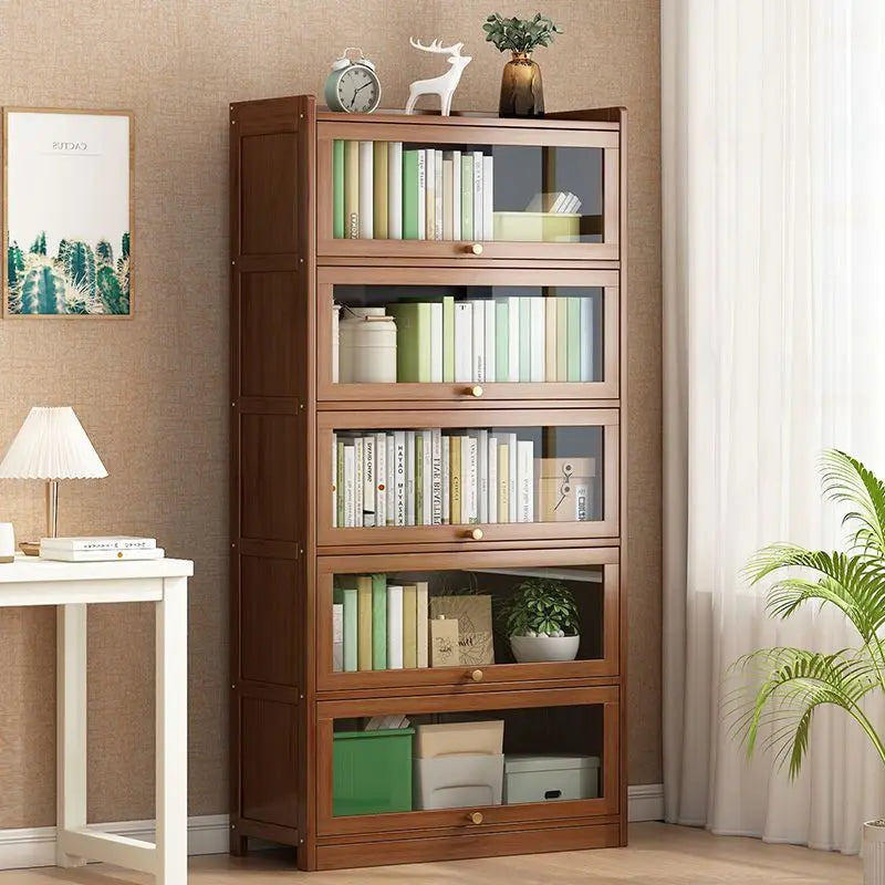 Modern Bamboo Bookshelf Storage Cabinet with Flip Doors 4/5/6 Tier Bookcase