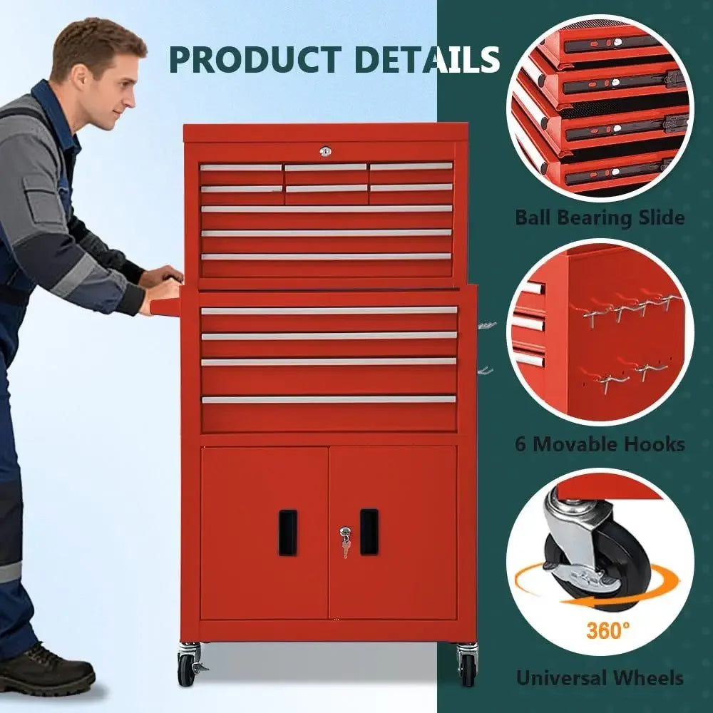 Rolling Tool Chest with Double Doors, 2 in 1 Detachable Rolling Tool Chests, Metal Standing Tool Cabinet with Lock, Large Toolb