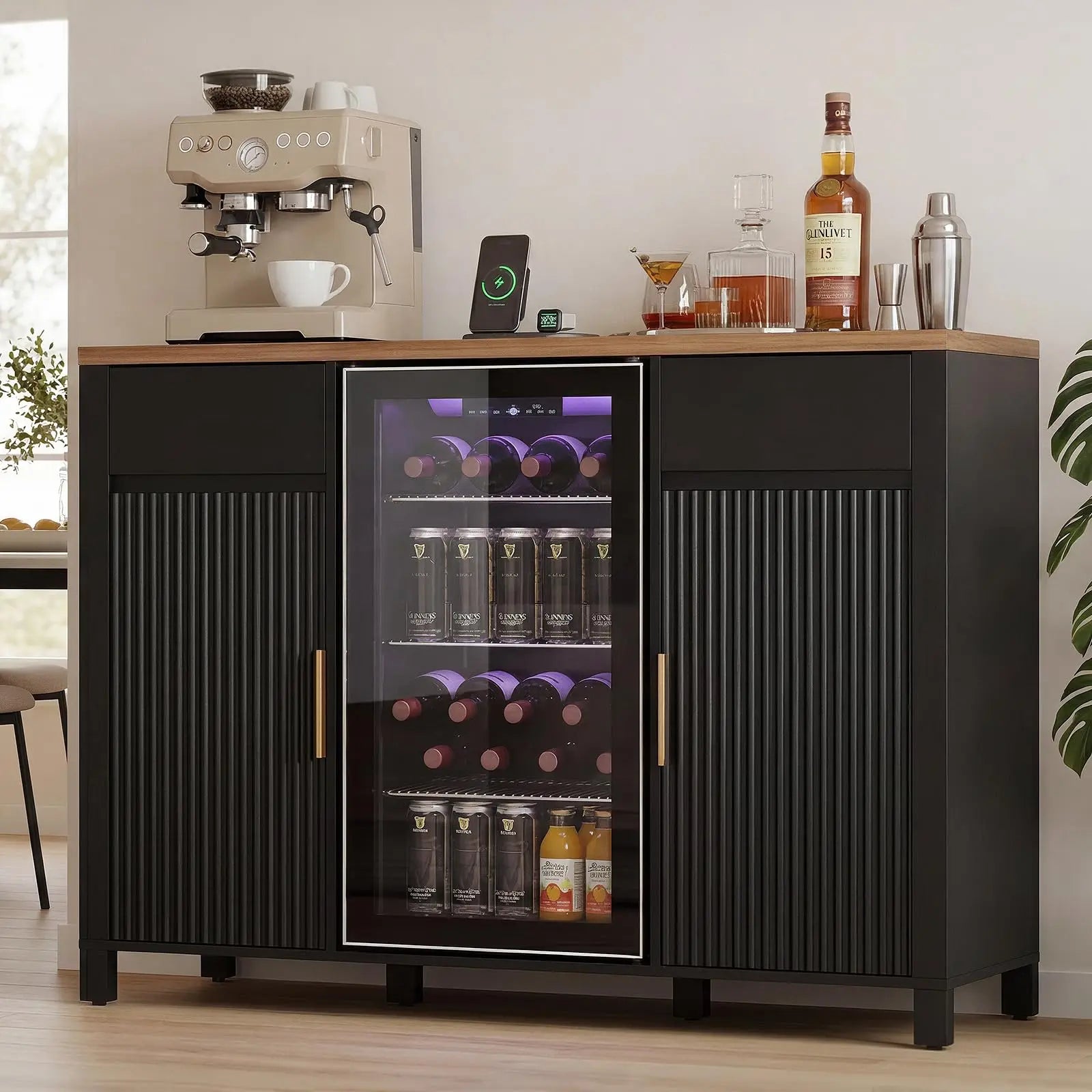 Fluted Coffee Bar Cabinet With Mini Fridge Space